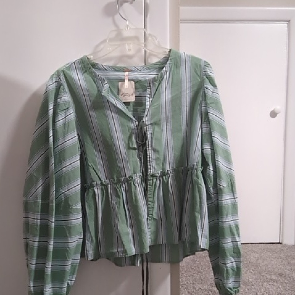 Free People Green Striped Peplum Tie Blouse